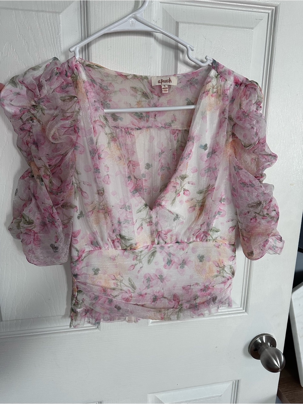 Pink Floral Ruffled V-Neck Blouse